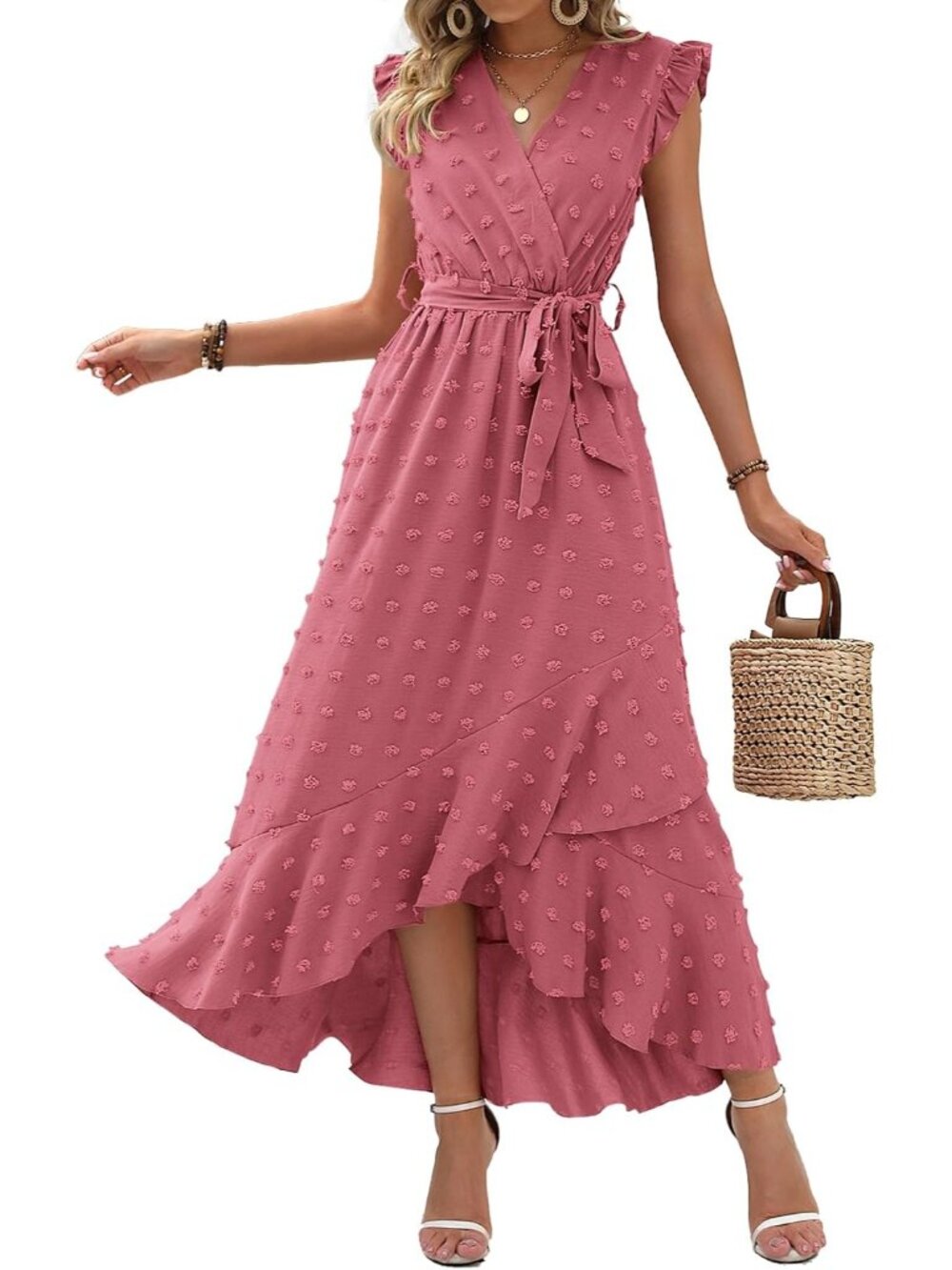 Women's Pink Swiss Dot Cap Sleeve V Neck Tie Waist Imported Causal Maxi Dress